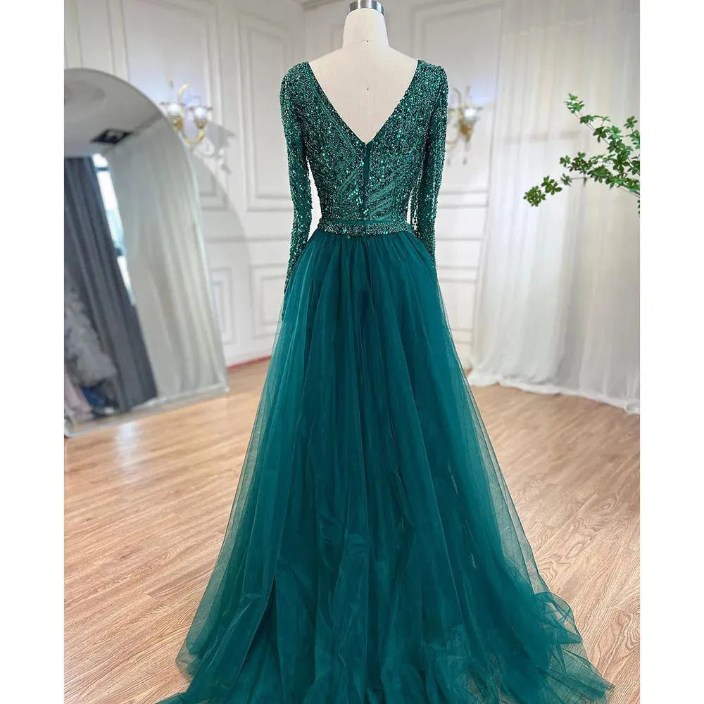 Blue Mermaid Beaded Long Sleeves Evening Gown