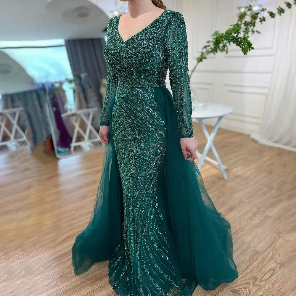 Blue Mermaid Beaded Long Sleeves Evening Gown