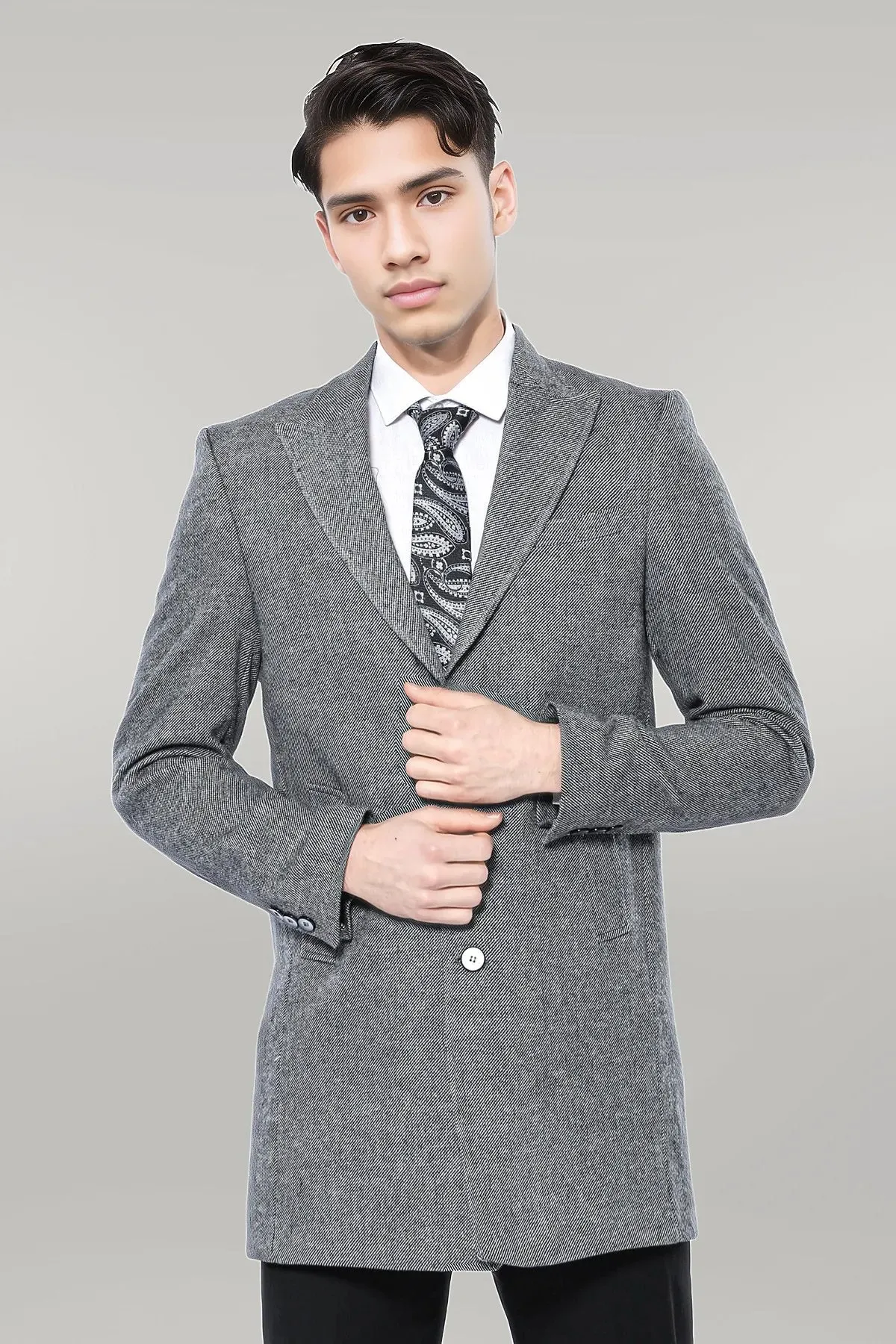 Cachet Peak Lapel Grey Men Long Coat - Wessi