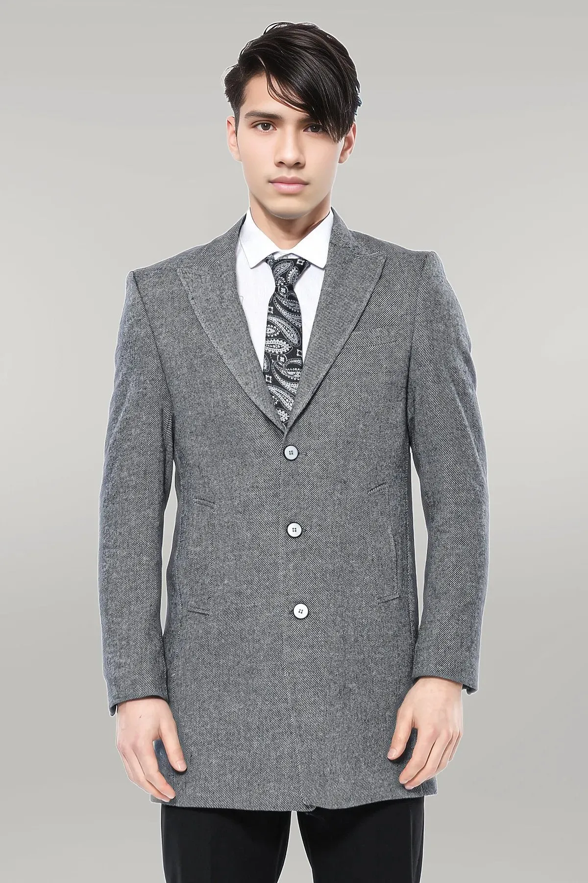 Cachet Peak Lapel Grey Men Long Coat - Wessi