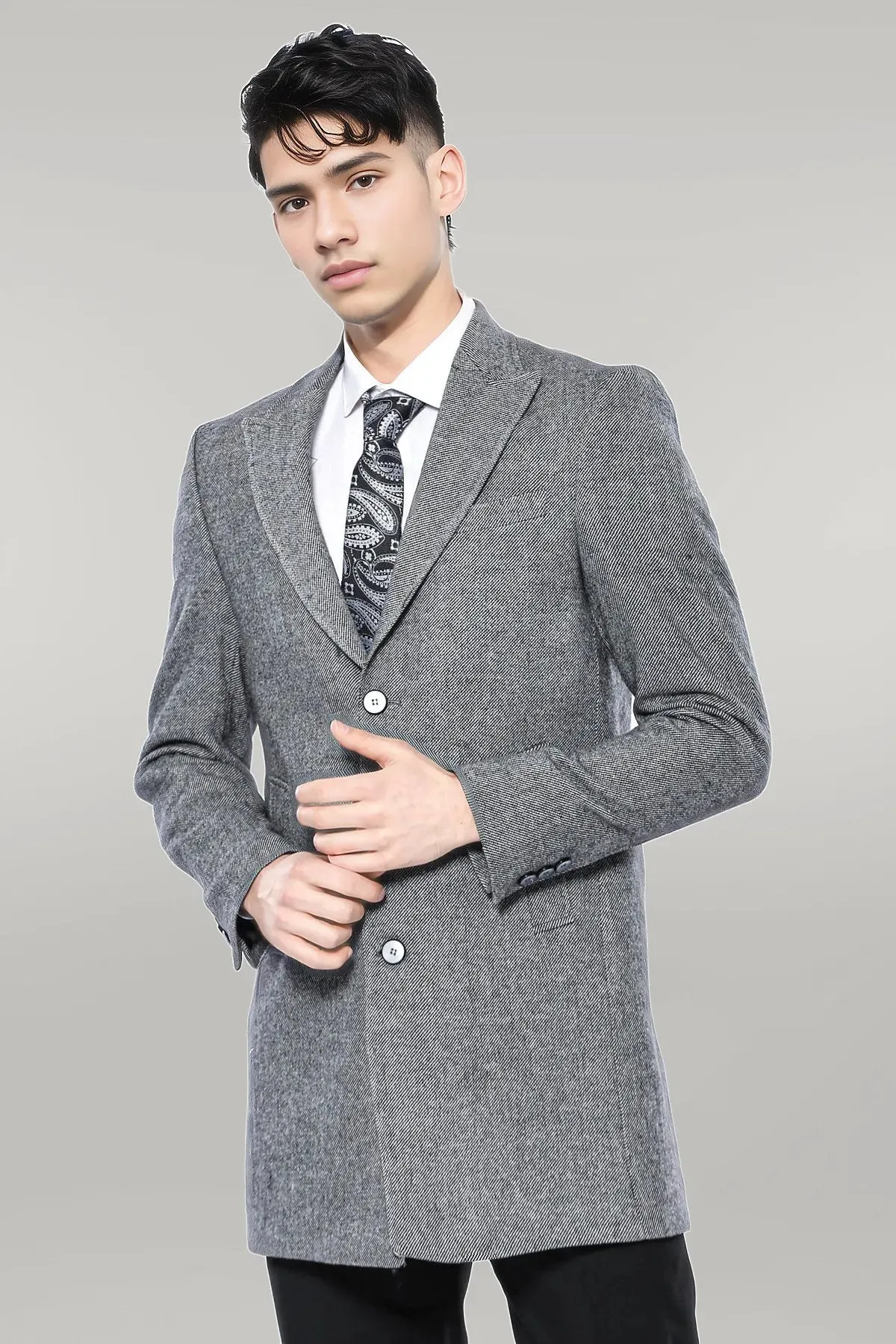 Cachet Peak Lapel Grey Men Long Coat - Wessi