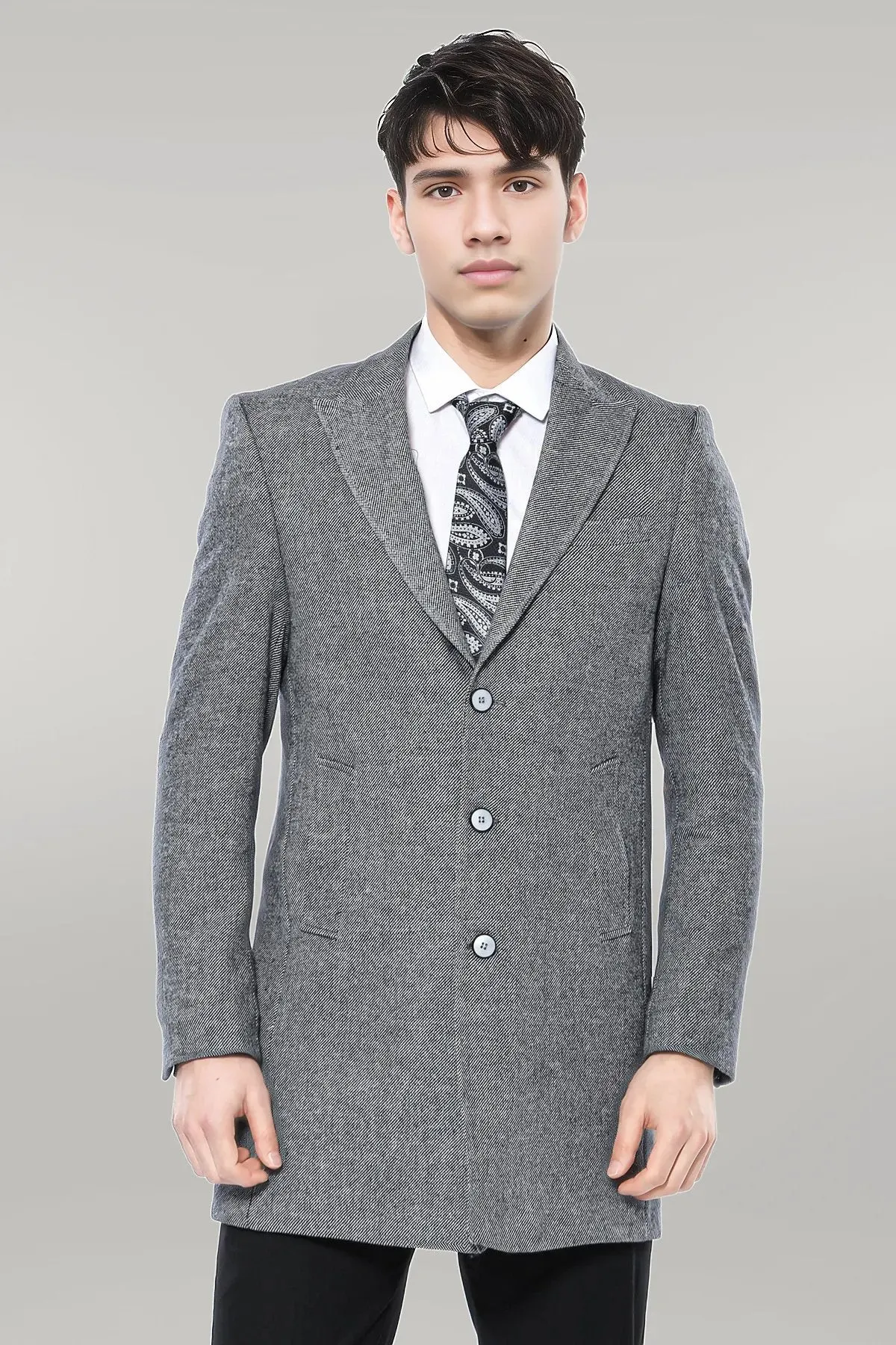 Cachet Peak Lapel Grey Men Long Coat - Wessi