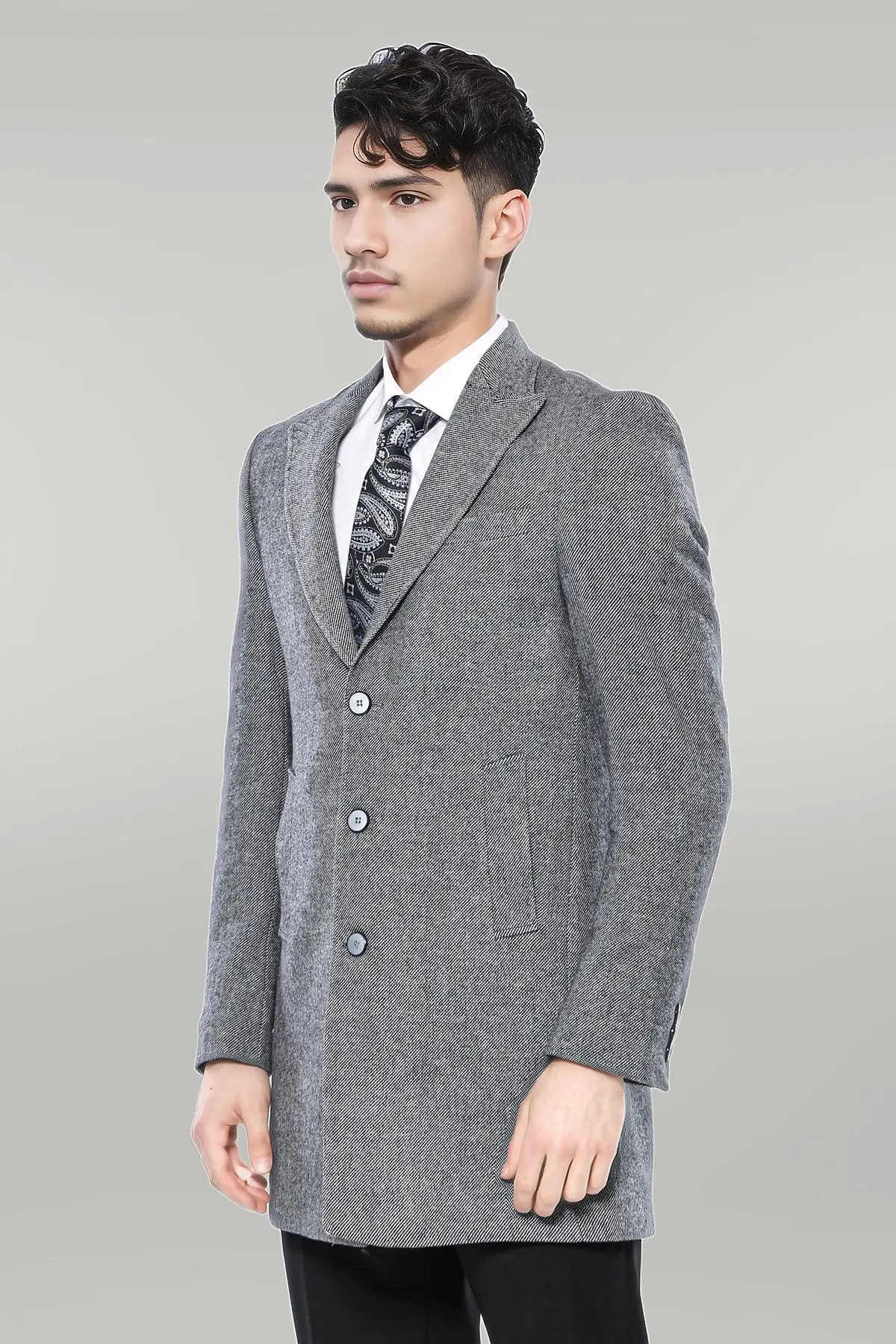 Cachet Peak Lapel Grey Men Long Coat - Wessi