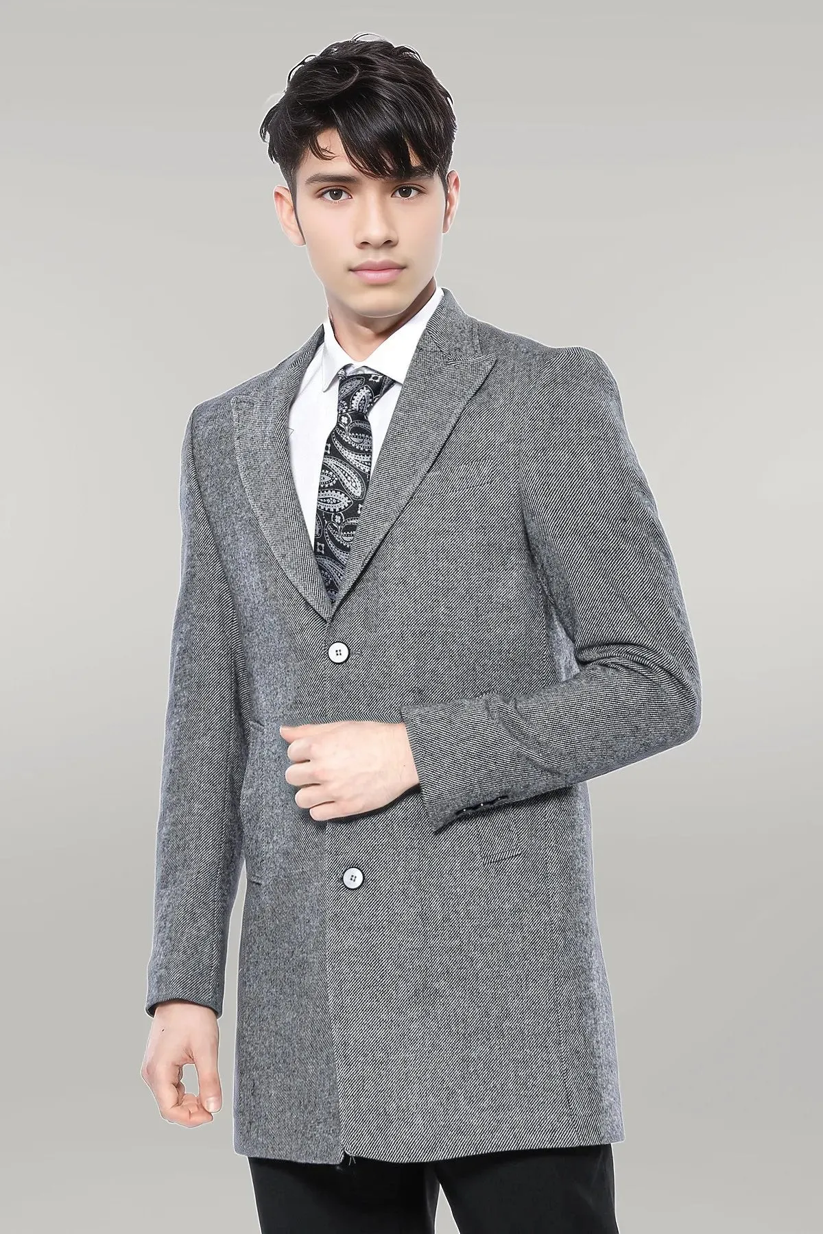 Cachet Peak Lapel Grey Men Long Coat - Wessi