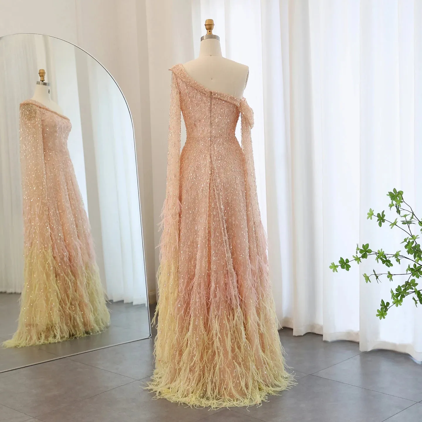 Feather Cape  One Shoulder Evening Gown
