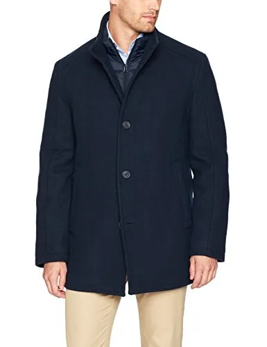 Marc New York by Andrew Marc Men's Linden Superior Wool Car Coat with Removable Quilted Bib, Ink, Large