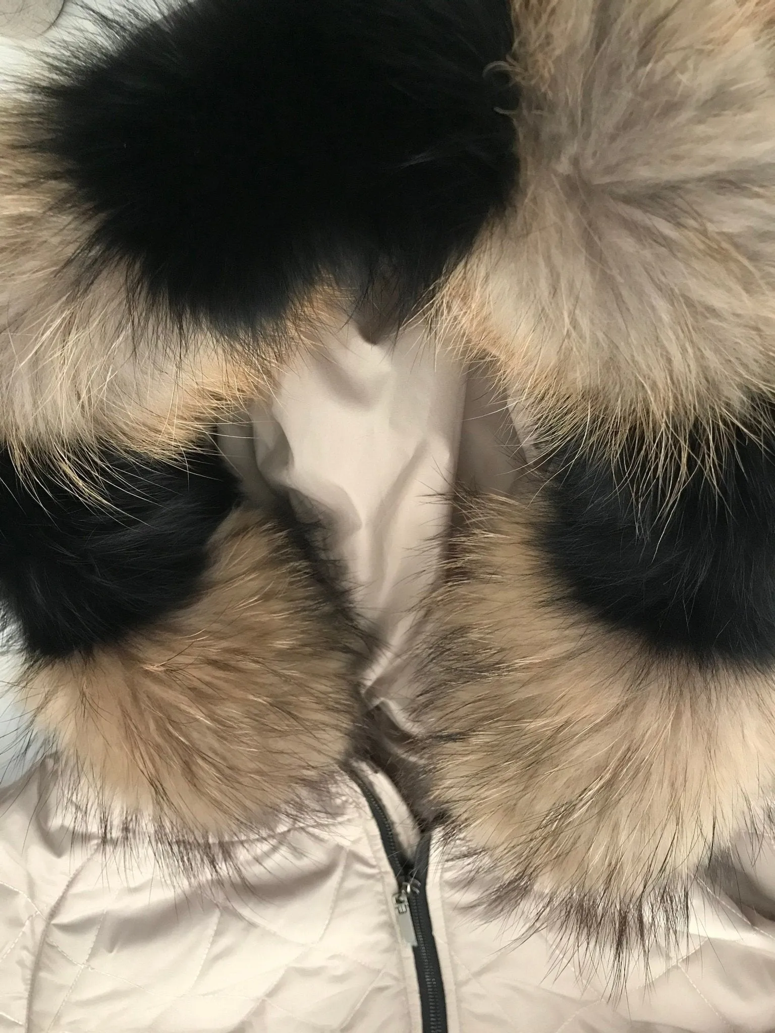 Women beige jacket сoat Hood trim fox fur and raccoon, Stand with Ukraine