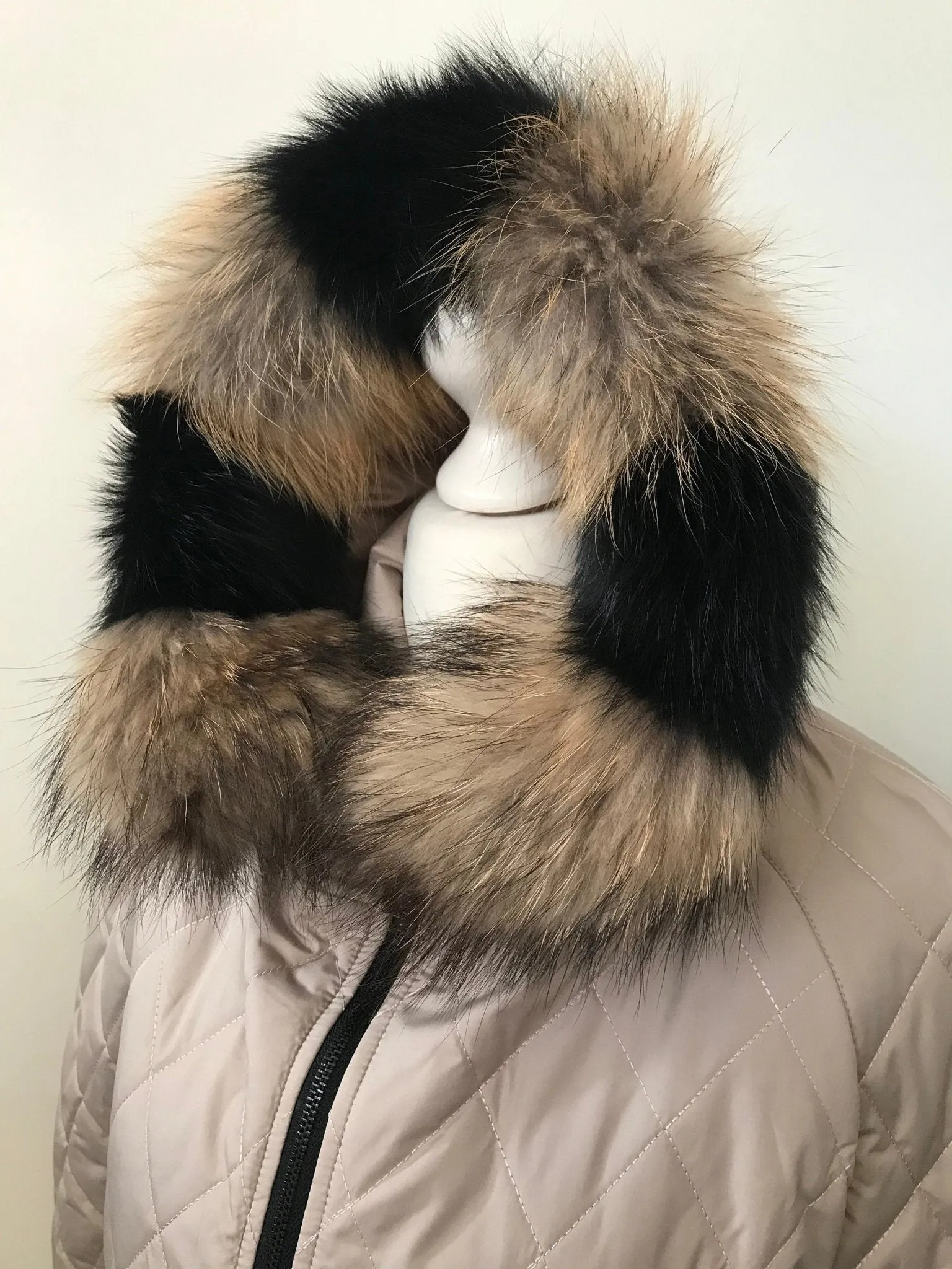 Women beige jacket сoat Hood trim fox fur and raccoon, Stand with Ukraine