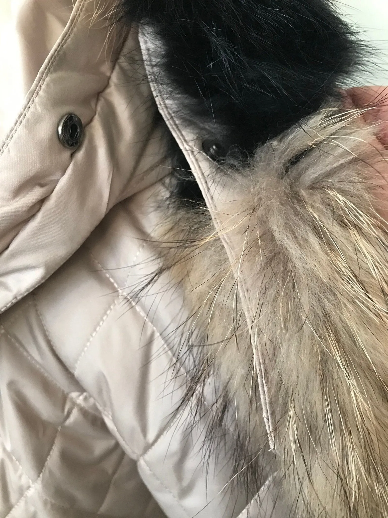 Women beige jacket сoat Hood trim fox fur and raccoon, Stand with Ukraine