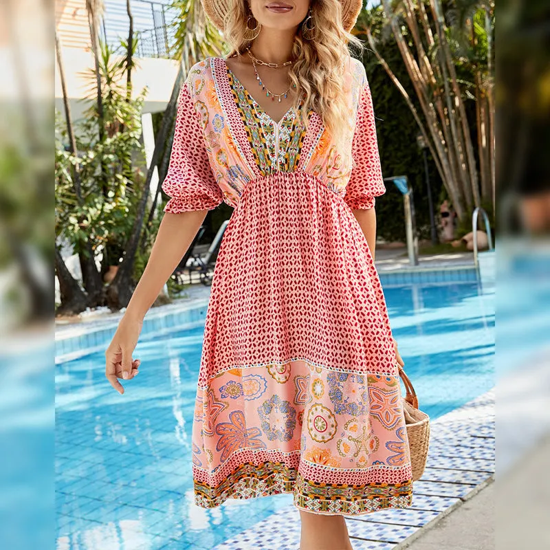 Women's V-Neck Short Sleeve Boho Midi Dress