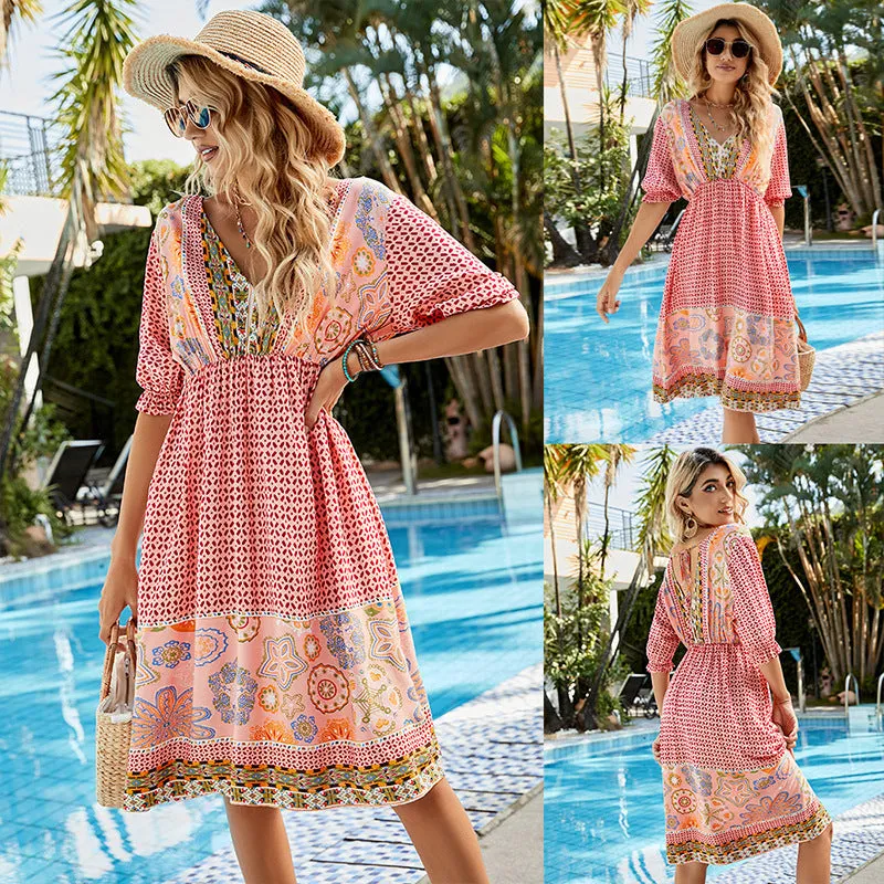 Women's V-Neck Short Sleeve Boho Midi Dress